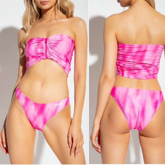 GANNI BIKINI SET Strapless Swim Top & Bottom Size S 36 Pink Tie Dye NEW $240 - Picture 1 of 16